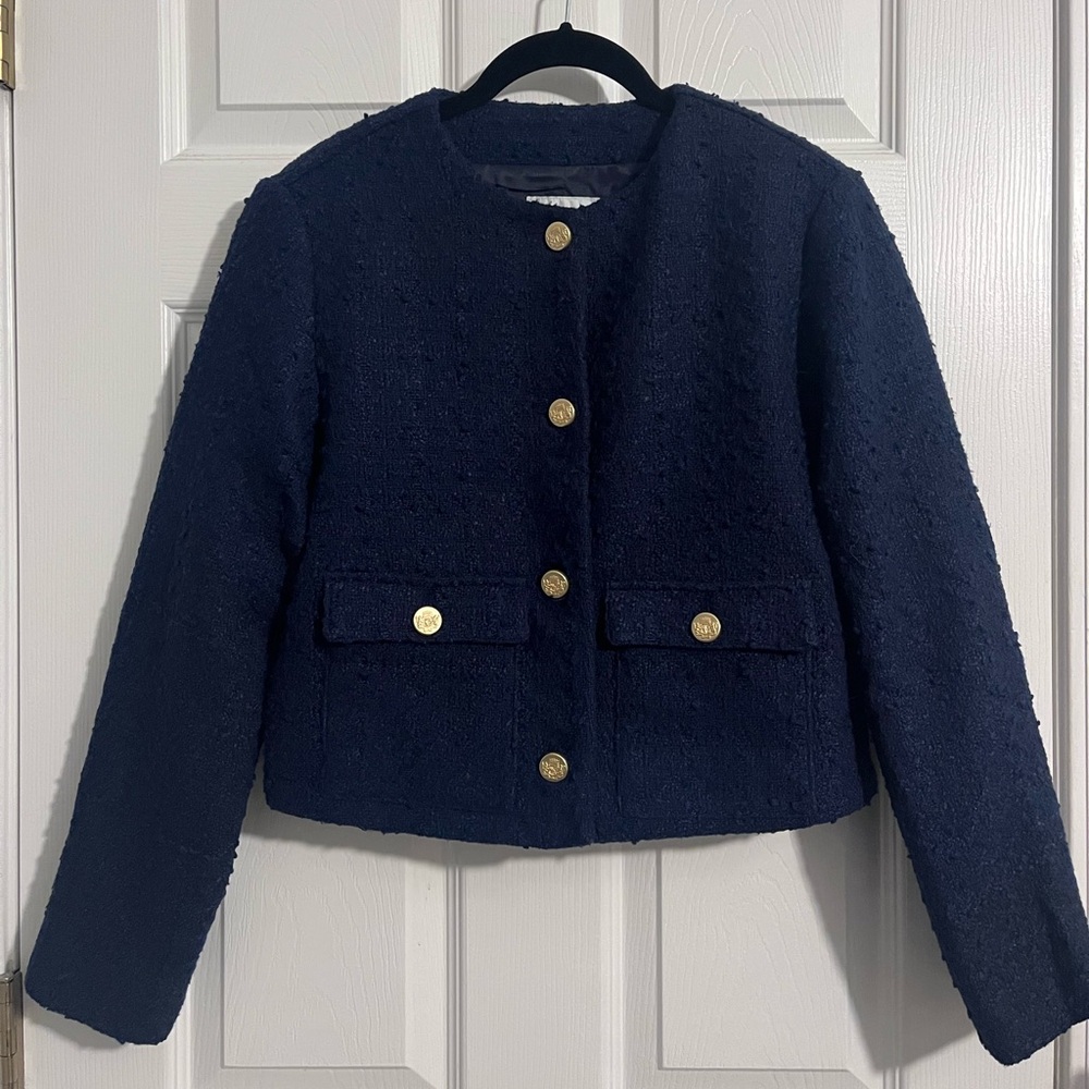 Abercrombie Collarless Tweed Jacket- Navy